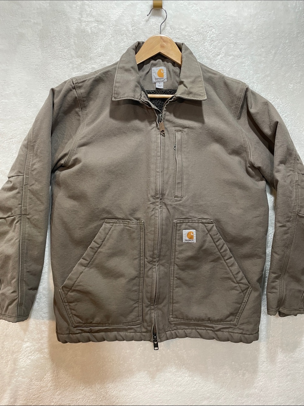 Carhartt Men's Small Grey Brown Work Jacket Sherpa Lined Heavyweight Duck Canvas
